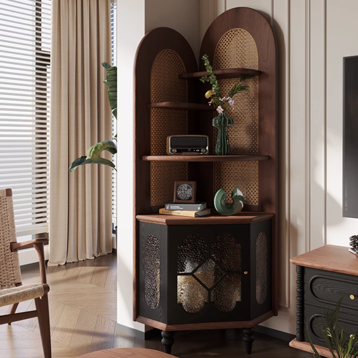 Arched Rattan Corner Cabinet